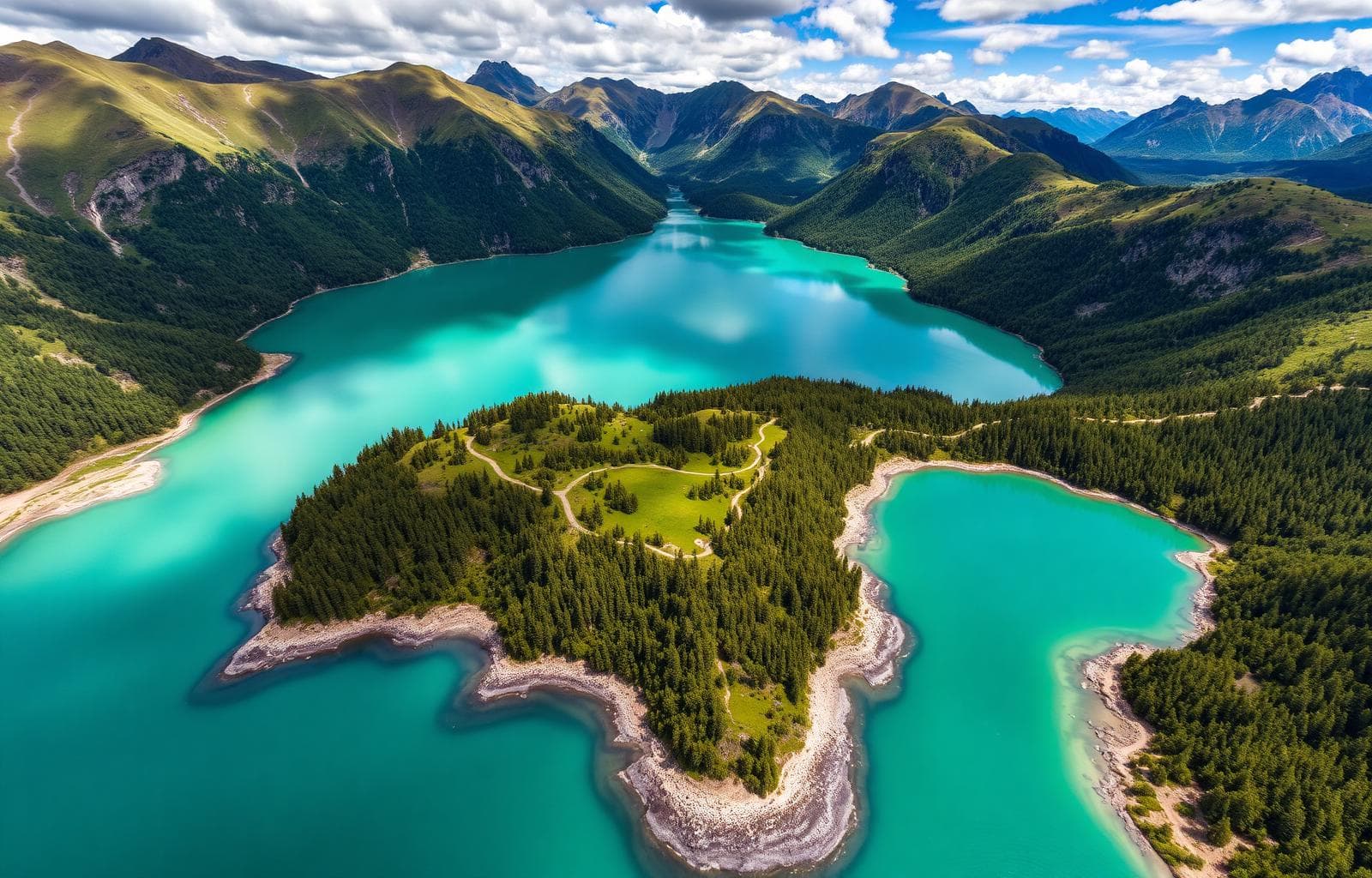 Vista aérea de Lago Puelo con sus aguas turquesas rodeadas de montañas